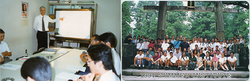 Presenting my final report at JICST (left) and souvenir Summer Institute group photo phone card (right)